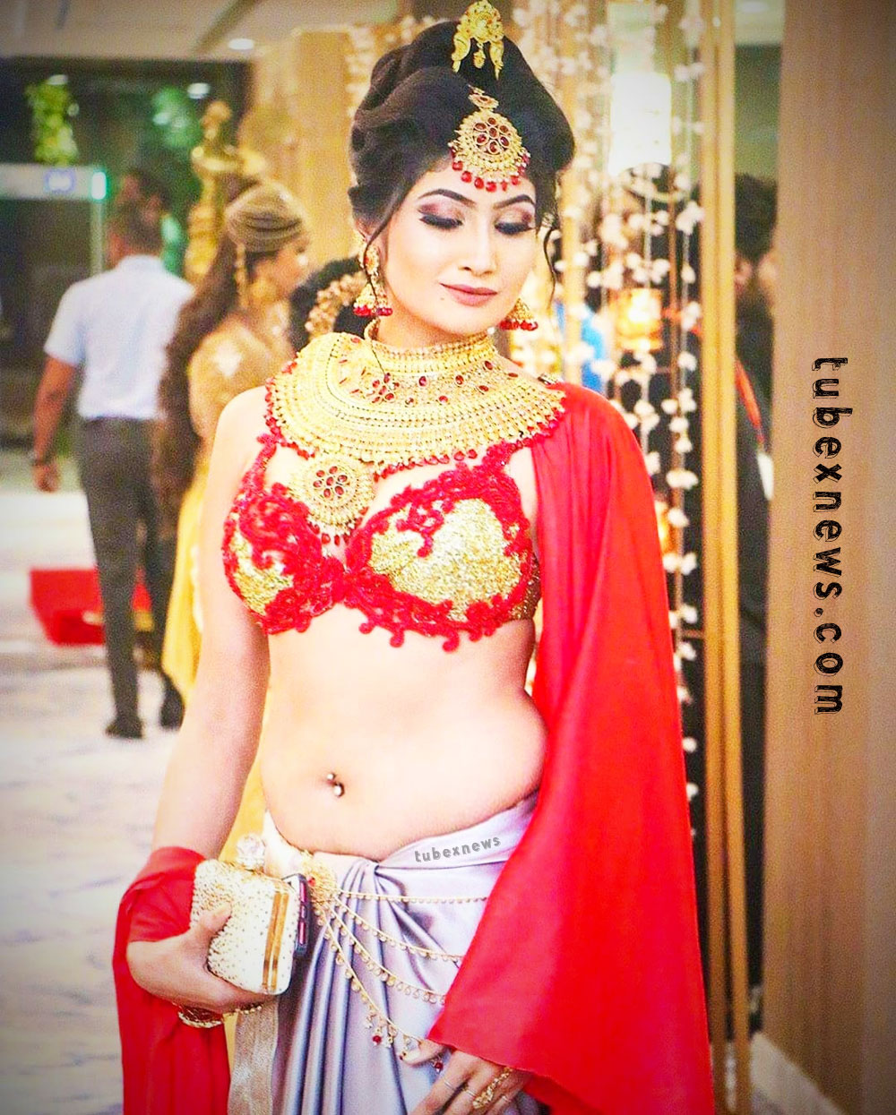 in function dress designer sari and jewellary red blouse