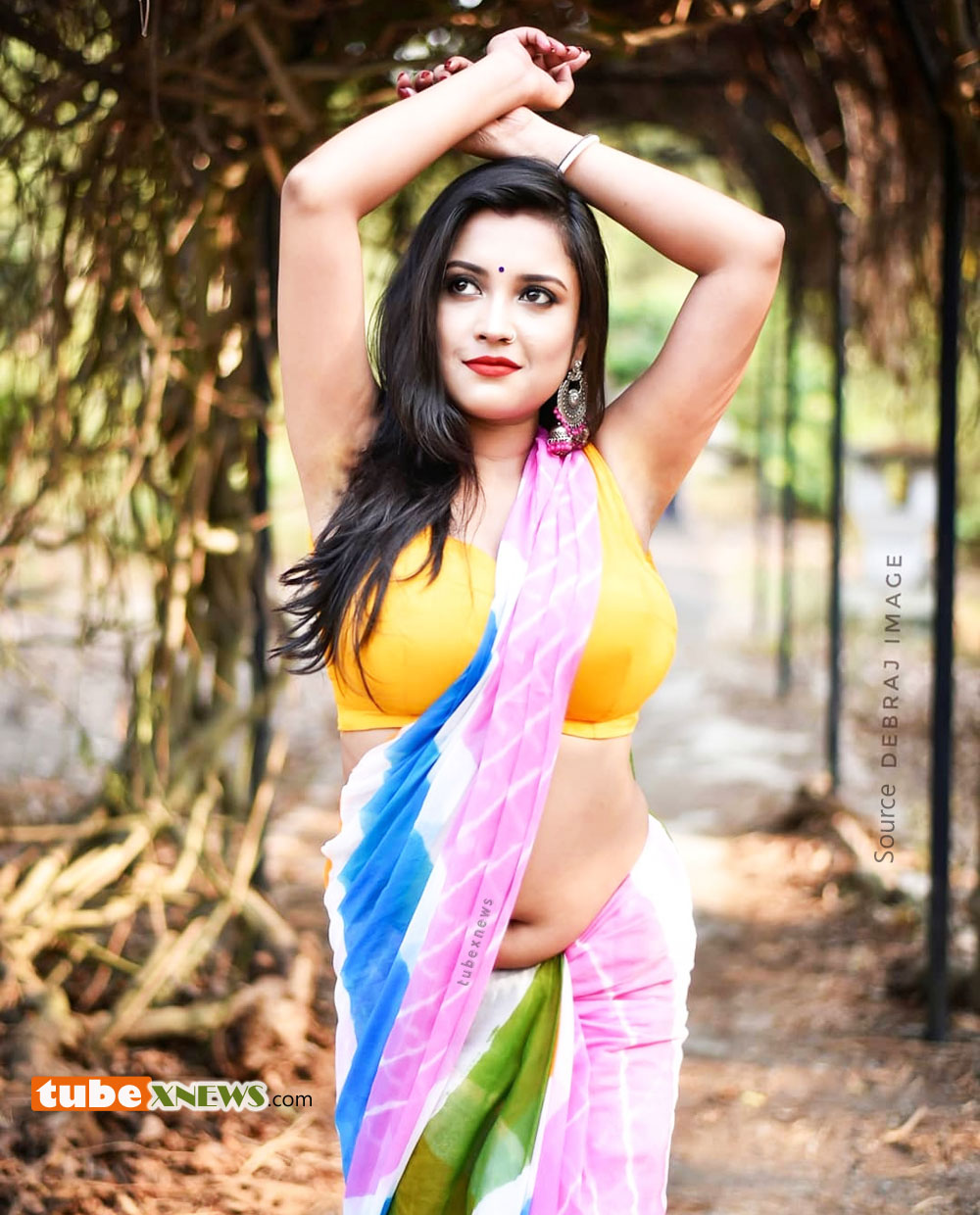 mousumi tricolor saree independence day 15aug back pose Yellow Blouse