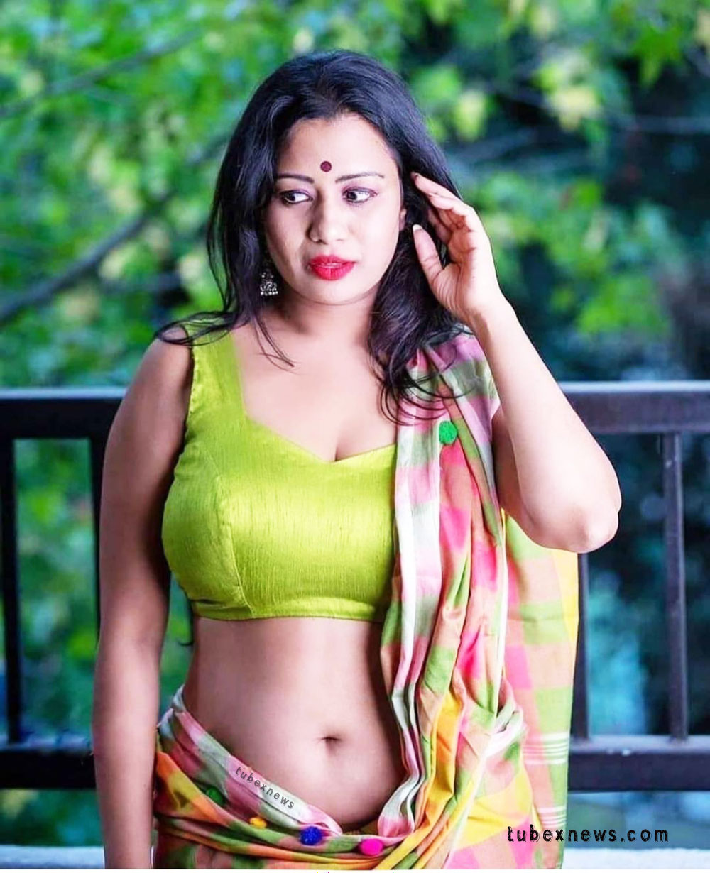 multi color sari with yellow cleave less blouse