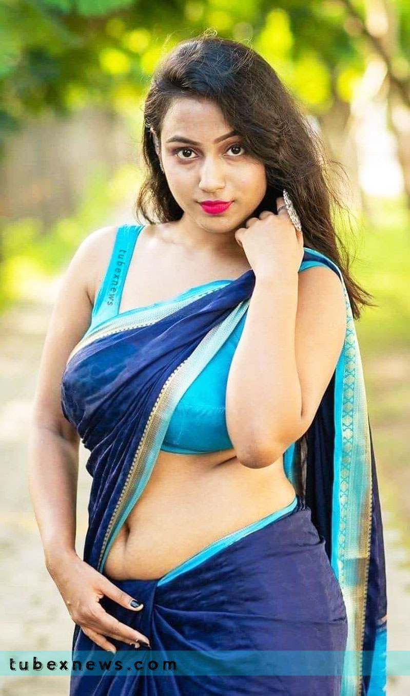 bong girl shoots in navy blue sari matching cyan blouse